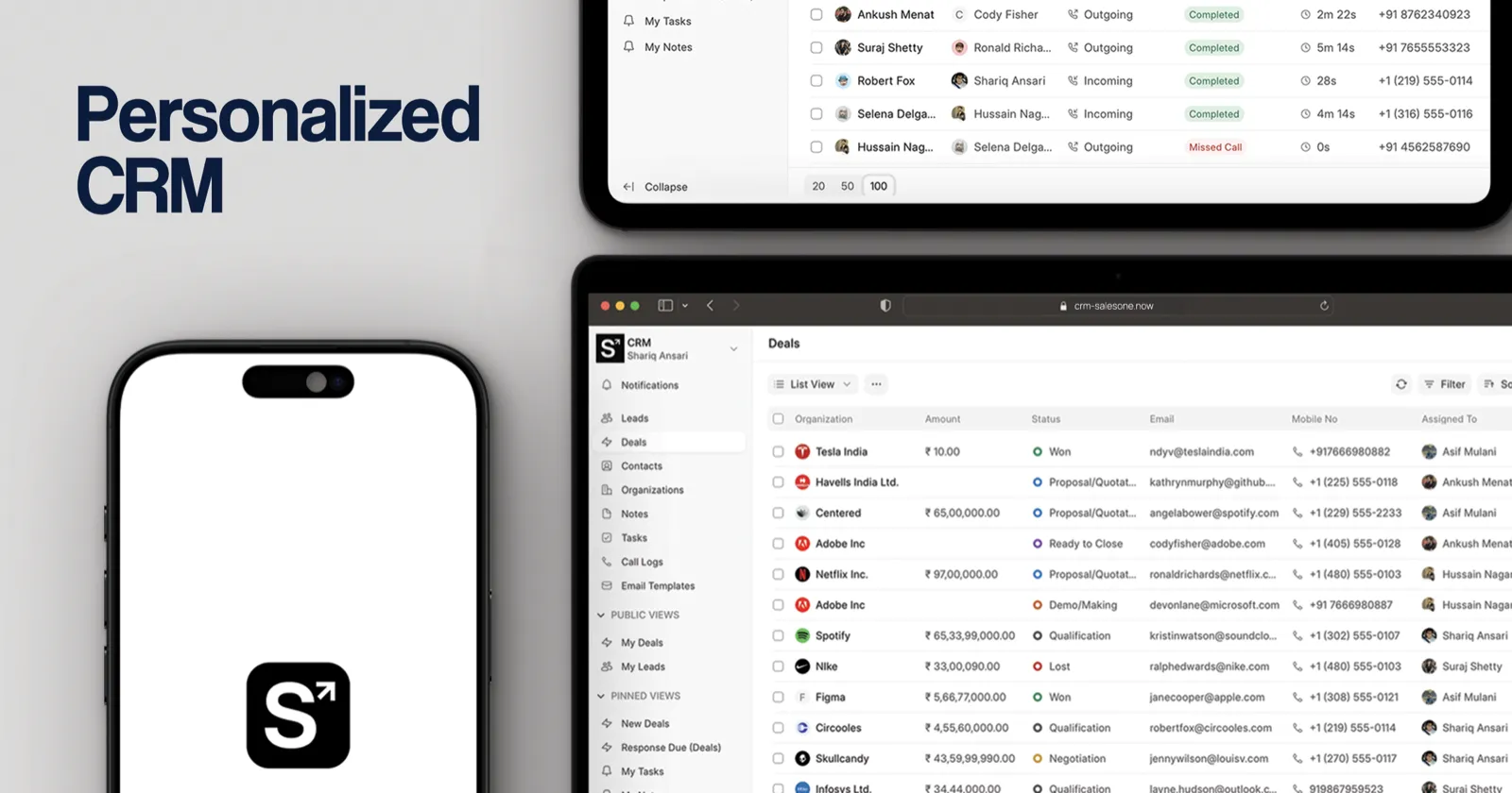 The SalesOne CRM dashboard showing accounts, multichannel touches, reply status, and pipeline in one view